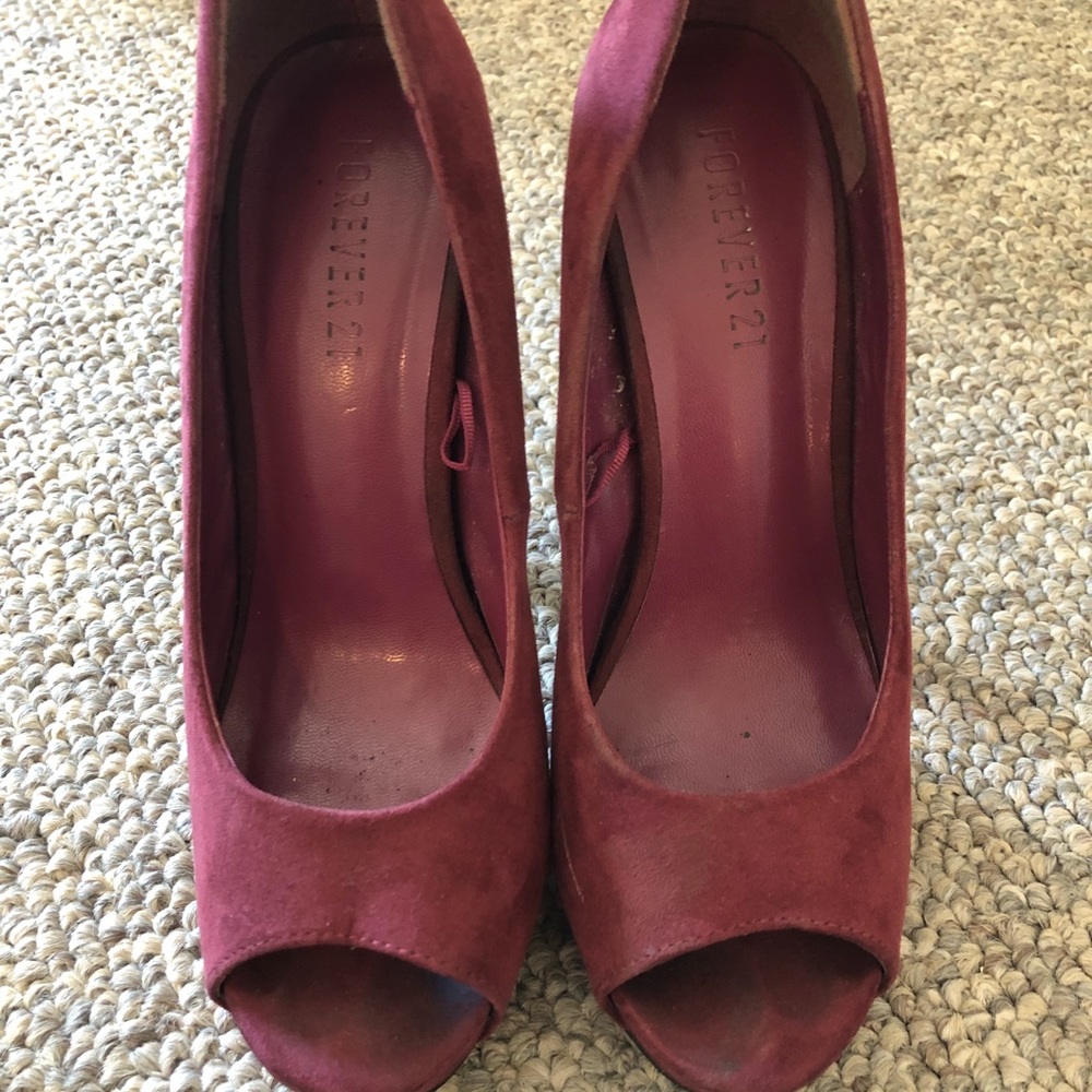 Maroon Forever 21 suede, peep-toe pumps